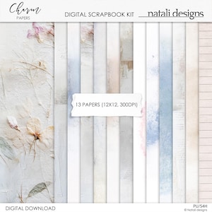 May include: Digital scrapbook kit with 13 papers, each 30.5 x 30.5 cm. The papers display diverse textures and designs, including floral, watercolour, and wood grain patterns. The colour palette includes white, beige, and pastel hues. The text "Charm Papers" and "natali designs" are visible.
