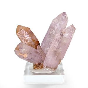 May include: A cluster of amethyst crystals, showcasing a range of purple hues with hints of brown. The crystals are mounted on a clear, rectangular base, creating a striking display of natural beauty. The crystals' sharp points and varying sizes add to their visual appeal.