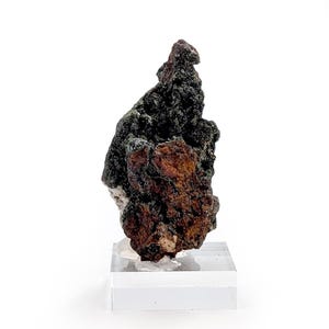 May include: A rough, dark brown and black mineral specimen with a textured surface. The mineral sits on a clear, rectangular display stand, showcasing its natural, rugged appearance. The specimen has a mix of colors and textures.