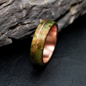 Stabilized Birchwood-Copper Green-Yellow Bentwood Wooden Ring, Copper Ring, Silver Ring, Wooden Ring, Engagement Ring, Wedding Ring