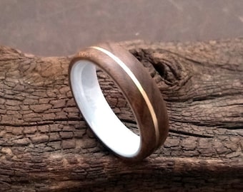 Keramik Europäischer Nussbaum Maserholz Gelbgold Inlay Bentwood Ring Matt