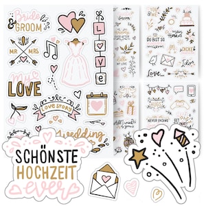 Sticker Hochzeit Gästebuch by snaPmee | 133 einzigartige Motive (8 Bögen A5) | Transparente Aufkleber für Fotoalbum, Wedding Deko & Co