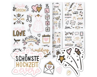 Sticker Hochzeit Gästebuch by snaPmee | 133 einzigartige Motive (8 Bögen A5) | Transparente Aufkleber für Fotoalbum, Wedding Deko & Co