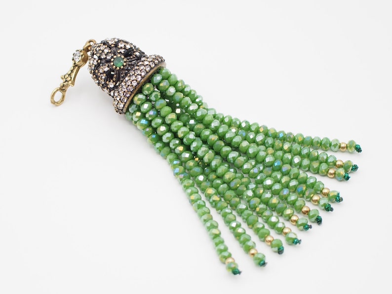 Bohemian Tassel Shiny Beads Tassel Necklace Ottoman Jewelry Antique Bronze Tassel Cap Crystal Tassel Pendant Green Beaded Tassel