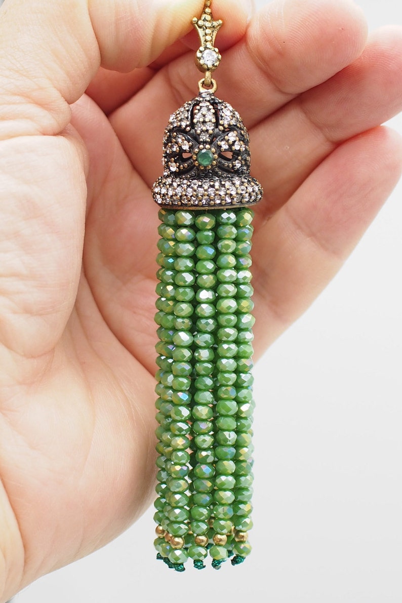 Bohemian Tassel Shiny Beads Tassel Necklace Ottoman Jewelry Antique Bronze Tassel Cap Crystal Tassel Pendant Green Beaded Tassel