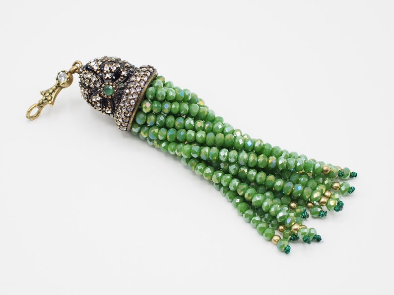 Bohemian Tassel Shiny Beads Tassel Necklace Ottoman Jewelry Antique Bronze Tassel Cap Crystal Tassel Pendant Green Beaded Tassel