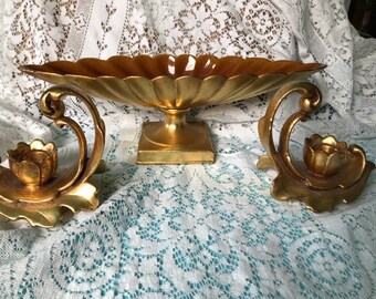Gold gilded candlesticks and oval dish