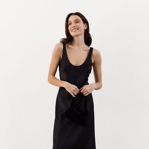 Black silk satin slip tank dress midi 100% silk image 1