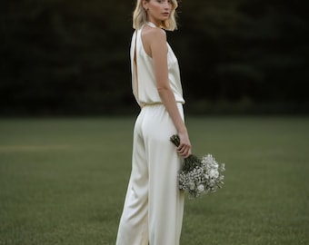 100% silk wedding jumpsuit with high neck and wide leg in Butter-Cream mulberry silk satin