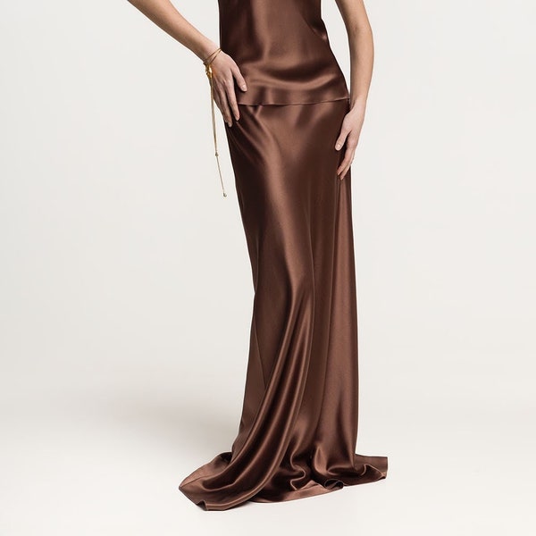 Chocolate-Brown silk satin maxi skirt - 100% silk mulberry