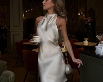 Backless Butter-Cream silk-satin high neck mini dress / halter wedding slip satin dress / bridal open back white cream dress - 100% silk