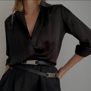 Women silk shirt in black silk Black silk blouse Long sleeve blouse Women button down shirt Office silk shirt Silk basics Silk top