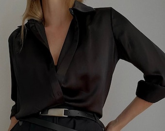 Women silk shirt in black silk Black silk blouse Long sleeve blouse Women button down shirt Office silk shirt Silk basics Silk top