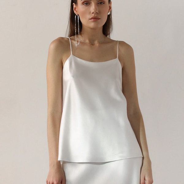 White silk camisole top Ivory silk satin top White silk tank top Sleeveless blouse Silk basics Silk clothing