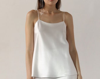 White silk camisole top Ivory silk satin top White silk tank top Sleeveless blouse Silk basics Silk clothing