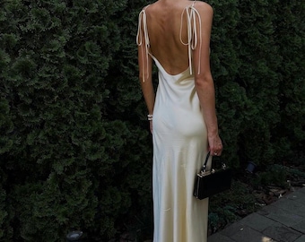 Cream backless bias cut maxi dress - pure 100% silk satin charmeuse