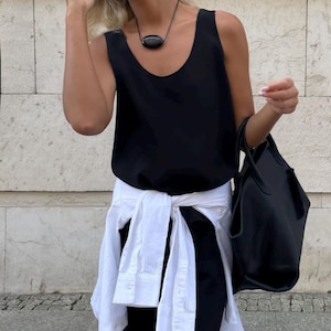 Silk georgette tank top for women | Black wide straps mulberry silk sleeveless blouse, Office or Casual Wear