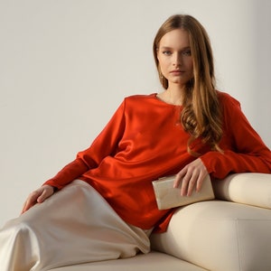 100% Silk Long Sleeve Blouse - Sand Wash Red Top, Minimalist Style, Round Neck Silk Shirt for Women - Luxurious Washed Silk Clothing Chloe