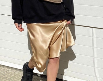 Gold silk skirt midi 100% silk slip skirt Champagne satin skirt 90s Silk bias cut long skirt 1940s Silk clothing Mulberry silk basic