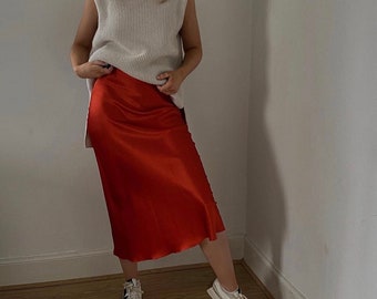 100% silk skirt Silk bias cut midi skirt Red brick silk slip skirt Silk midi skirt Bias cut satin slip elastic waist High waist pencil skirt