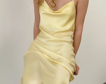 Pale yellow silk slip dress midi bias cut 100% silk dress with thin straps and cowl neck Lemon beach dress Satin summer dress Bridesmaids