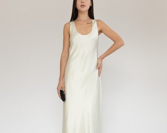 Pearl-White silk slip dress 100% silk dress fully lined with scoop front and back White cream long silk satin tank dress
