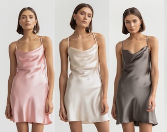 MANY COLORS 100% silk dress cowl neck Silk slip dress mini Pure silk satin short dress White silk dress Bridesmaid summer bias cut slip 90s