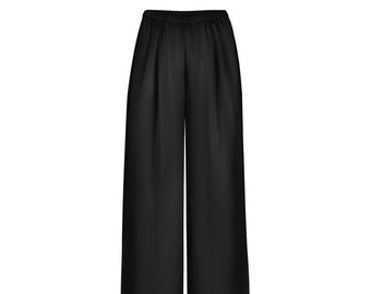 Black bias cut silk satin pants for women - 100% mulberry silk