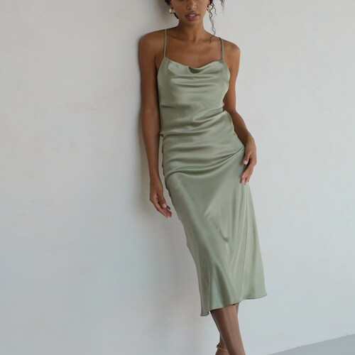 100% Silk Slip Dress Sage Green Dress Midi Bias Cut Cowl Neck | Etsy