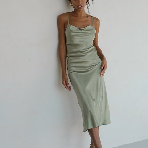 100 Silk Slip Dress Sage Green Dress Midi Bias Cut Cowl Neck Etsy