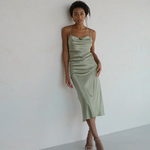 Silk Slip Dress Sage Green Dress Midi ...