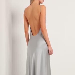 100% mulberry silk dress Backless cowl neck cami gown Silk wedding guest dress Satin maxi slip 90s Moonstone Grey
