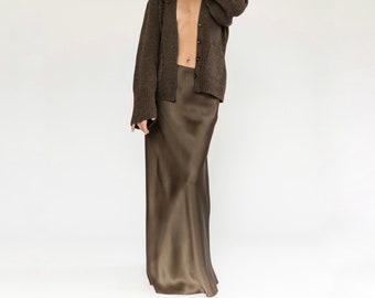 Mocha / Taupe bias cut 100% silk satin maxi slip skirt low rise - luxury heavy-weight double-faced silk satin