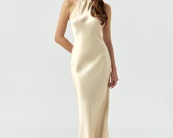 Backless 100% Silk Wedding Dress | Elegant Slip Bridal Gown with high halter neck Modest and simple - premium heavy pure mulberry silk satin