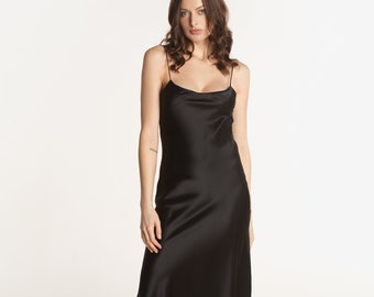 Black Silk Slip Dress Midi Black Sandwashed Silk Dress Bias Cut