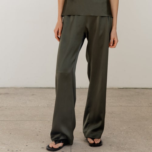 100 Silk Pants in Cypress Pure Silk Satin Trousers Green Silk Etsy