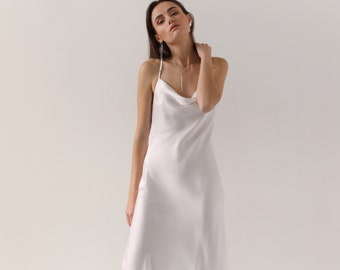 100% silk dress White silk slip dress bias cut Women silk slip dress with cowl neck Midi minimal wedding dress Openback slip White slip USA
