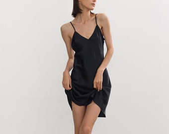 Short silk slip dress black Mini slip dress black 100% silk cami dress Silk bias cut date dress Black slip dress