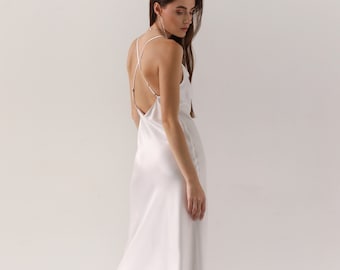 Sand washed white silk dress with silk crepe lining Women silk slip dress with cowl neck Midi minimal wedding dress Openback white slip