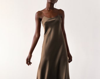 Mocha / Taupe bias cut 100% silk satin midi slip dress with scoop neck - luxury heavy-weight double-faced silk satin