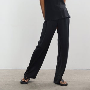 Black silk pants Sandwashed silk trousers High-waisted black silk pants Silk straight-leg pants Silk trousers image 1