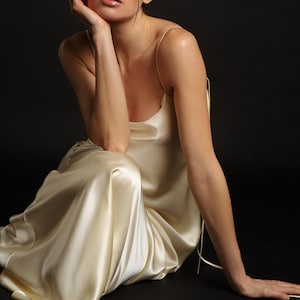 Cream 100% mulberry silk satin maxi dress Simple silk wedding dress High or low back Minimal sateen fluid liquid bias gown / Fully lined
