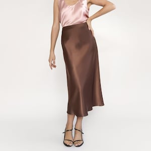 Silk Slip Skirt, Chocolate Brown 100% Silk Satin Midi Skirt, Bias Cut High Waist Skirt, Elegant Women's Skirt for Day or Night