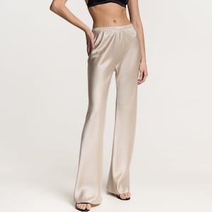 Silk pants Bias cut silk satin trousers Pearl beige slim silk pants Silk flared leg pants Silk lounge pants Silk bottom champagne