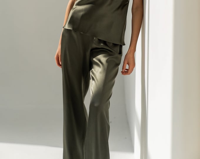 100 Silk Pants in Cypress Pure Silk Satin Trousers Green Silk Lounge Pant Highwaisted Silk