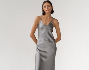 grey silk long dress