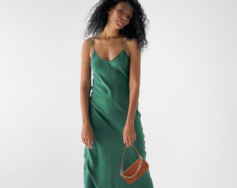 Emerald Green V-neck Silk Slip Dress 