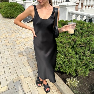 Natural silk slip dress midi 100% silk dress scoop neck wide straps Yellow silk dress bias cut Tank dress silk satin Plus size dress Yuna