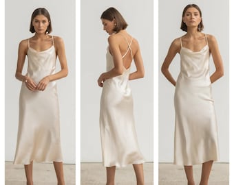 Heavy silk cowl neck slip midi dress Bias cut satin simple wedding dress Summer 100% silk charmeuse minimal cami gown Bride-to-be dress 90s