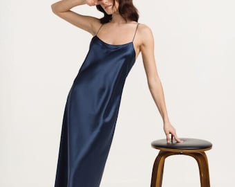 Sapphire blue silk satin slip midi dress Navy bias slip dress - 100% mulberry silk